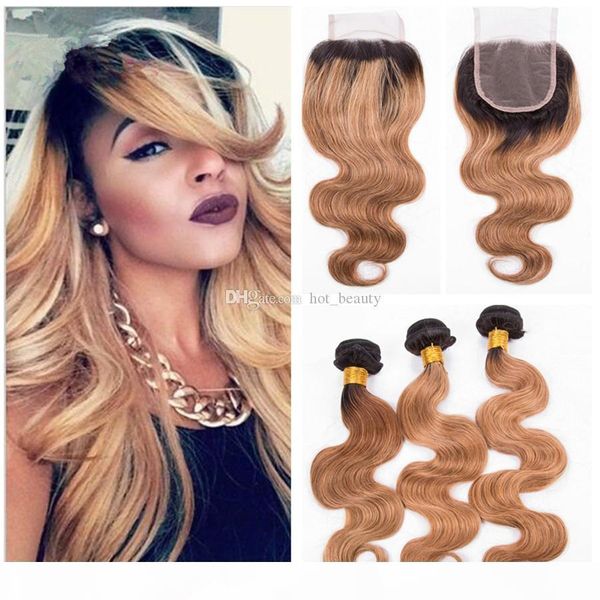 

body wave honey blonde human hair weaves with lace clsoure 2 tone dark root 1b 27 blonde hair bundles with lace closure, Black