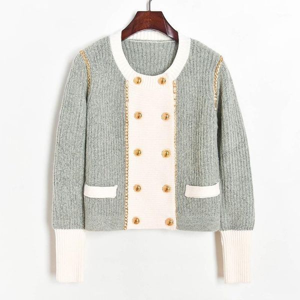 

women's sweaters autumn winter stitching contrast color double breasted chain knit cardigan sweater women long sleeve casual knitted co, White;black