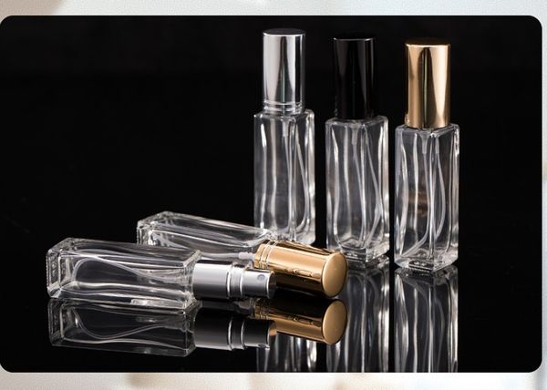 

10ml square mist long spray portable glass bottle clear metal perfume bottles with silver black gold cover