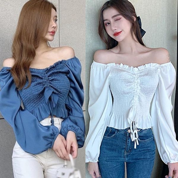 

2021women's solid off shoulder slim exposed navel long sleeve shirts blouses, White