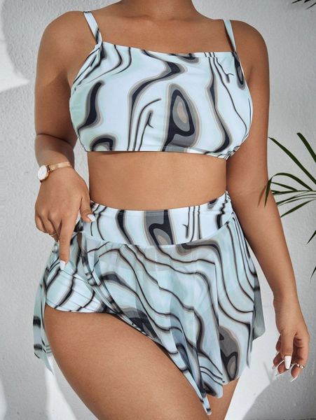 

3pack plus fluid pattern bikini swimsuit & beach skirt t8my#, Black