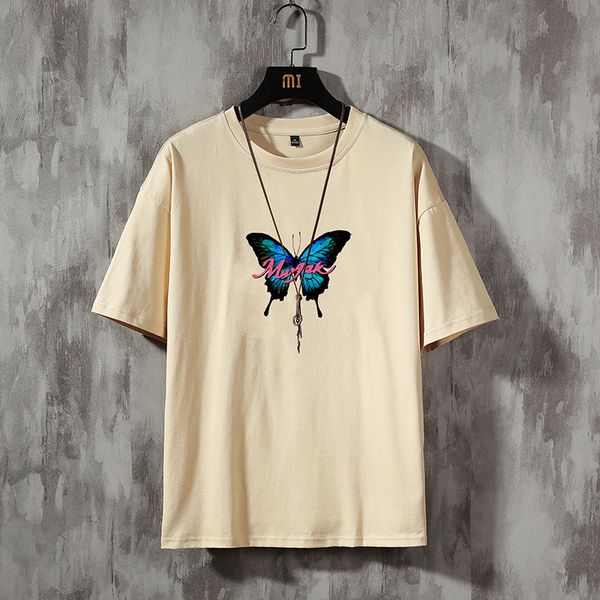 

2021 new butterfly print hip hop skateboard t-shirts cotton harajuku fashion high street tees men fi55, White;black