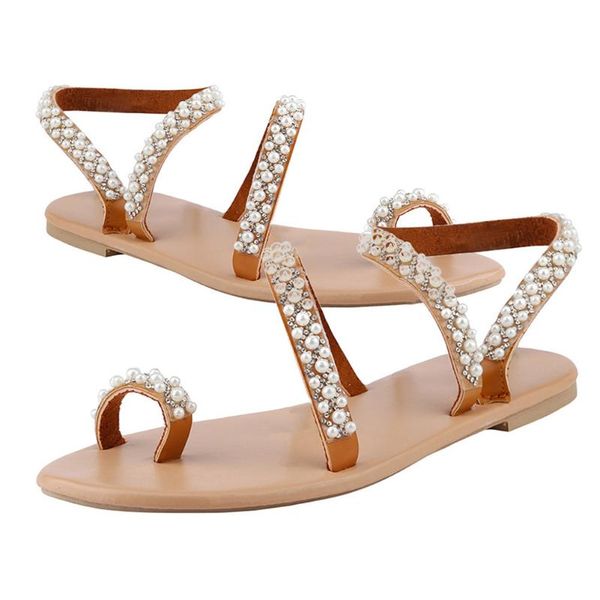 

casual fashion holiday summer slip on crystal pearl women sandals street beach shoes open toe daily flat heel gladiator, Black