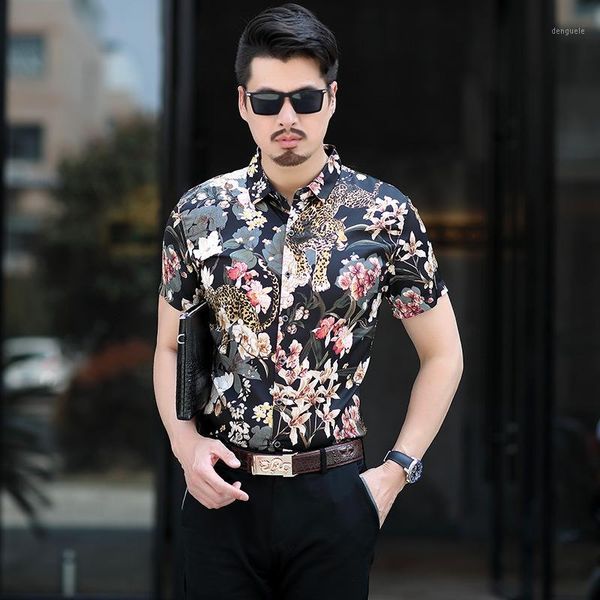 

leopard flower pattern 3d print fashion luxury short sleeve shirt summer 2020new quality cotton soft comfortable men shirt -3xl1, White;black
