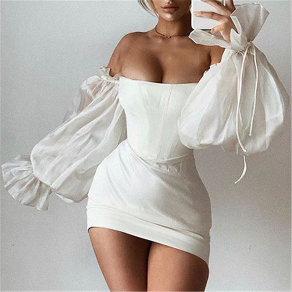 

women lantern sleeve wrap chest dress fashion trend tube strapless short skirts designer female spring slash neck high waist dress, Black;gray