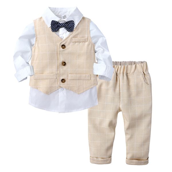 SpringAutumn Baby Boy Gentleman Casos de roupas brancas com cal￧as de colete listrado de gravata borboleta 3pcs Conjunto de roupas infantis formais