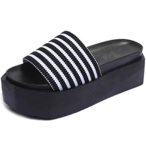 

nice summer new striped pine cake wedges cool slippers tide thick bottom slippers female high-heeled casual word sandals, Black