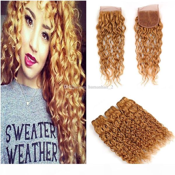 

water wave human hair weaves honey blonde 27 color lace closure with bundles deep wave curly strawberry blonde bundles with closure, Black;brown
