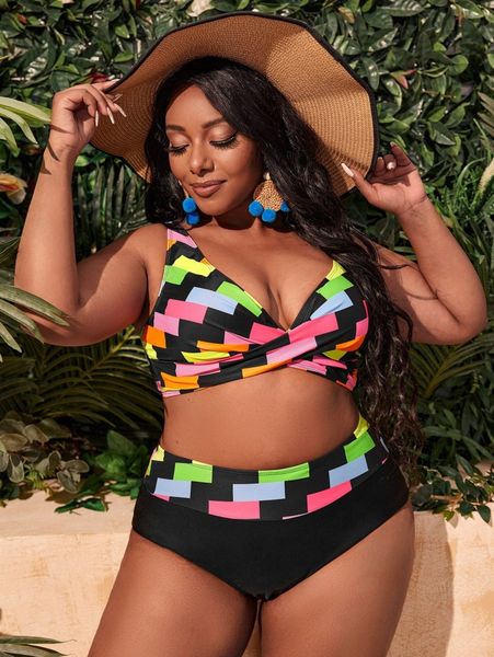 

plus chevron stripe wrap bikini swimsuit 96pa#, Black