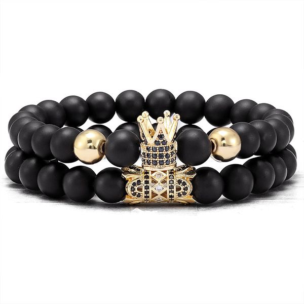 

2pcs/set elastic 8mm natural matte bead micro pave cz crown charm bracelet set, Black