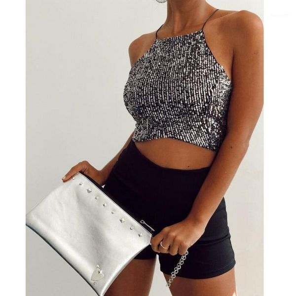 

women diamond sequins sparkle glitter sleeveless halter tank vest crop tee evening party clubwear1, White