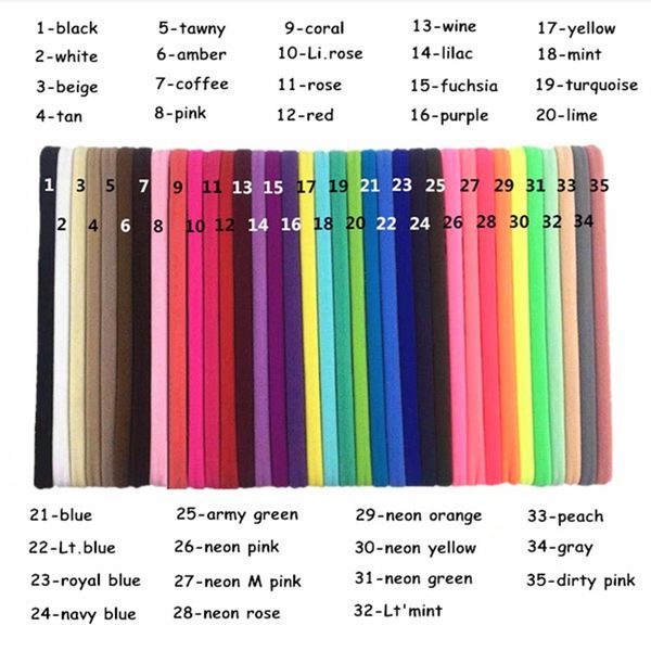 100 pz / lotto 35 colori in magazzino 10mm neonato magro elastico fascia in nylon morbido solido elastico avvolgere la testa copricapo fai da te fornitura HD19 LJ201226