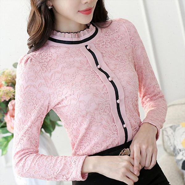 

2021 women elegant long sleeve shirt lace blouse female stand puff sleeve solid shirt plus size 3xl, White