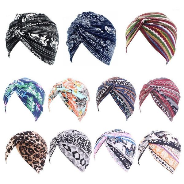 

women ethnic boho turban hat head wrap muslim twist knot hijab beanie chemo cap 77he1, Blue;gray