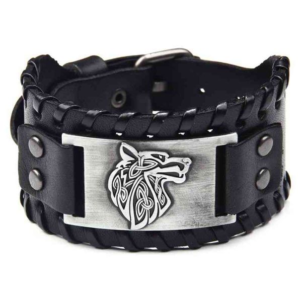 Bracelete largo preto punk para homens nórdic viking designer gótico lobo cabeça homens couro ajustável pulseira jóias