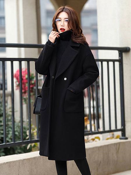 

mkorean large lapel woolen coat for women's autumn and winter wear, Black
