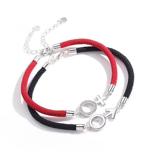 

s925 sterling silver cupid couple bracelet birthday red rope hand rope korean simple valentine's day gift, Black