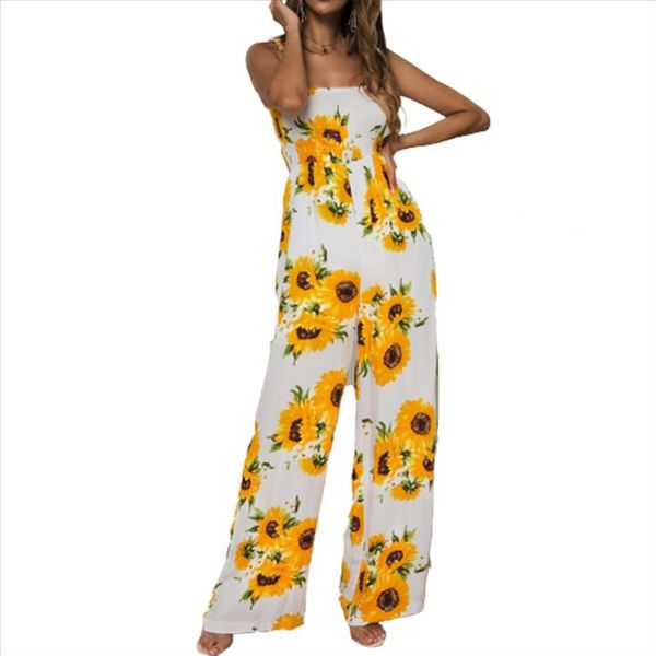 

women summer jumpsuit spaghetti straps sleeveless sunflower dot print long playsuit bow overalls for womens rompers mujer, Black;white