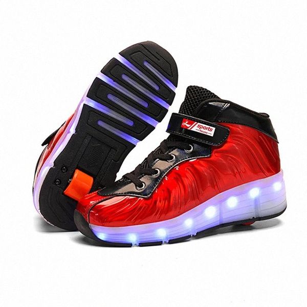 

size 29-39 led wheel sneakers for kids boy girl usb charging glowing roller shoes with lights double wheels children skate shoes #jz1u