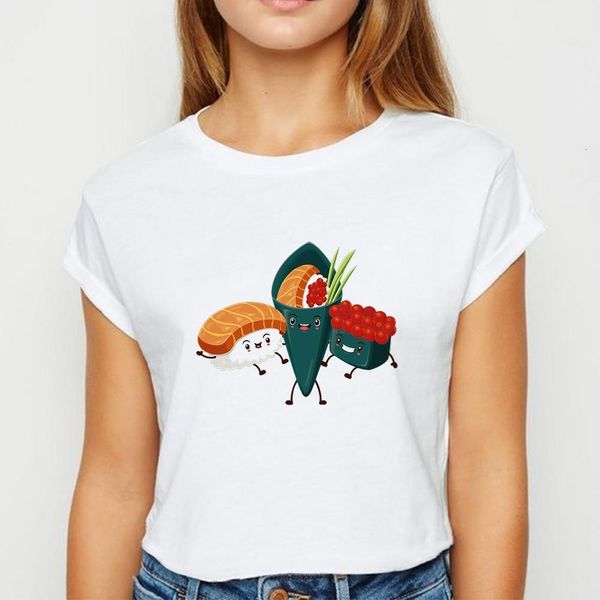 

plus size sushi rolls tshirt spring summer vestidos t shirt women creative cute printing design women's shirt o-collar t-shirts, White