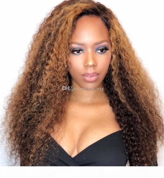 

honey blonde ombre full lace human hair wigs glueless virgin peruvian kinky curly remy hair lace front wig two tone color 1b 30, Black;brown