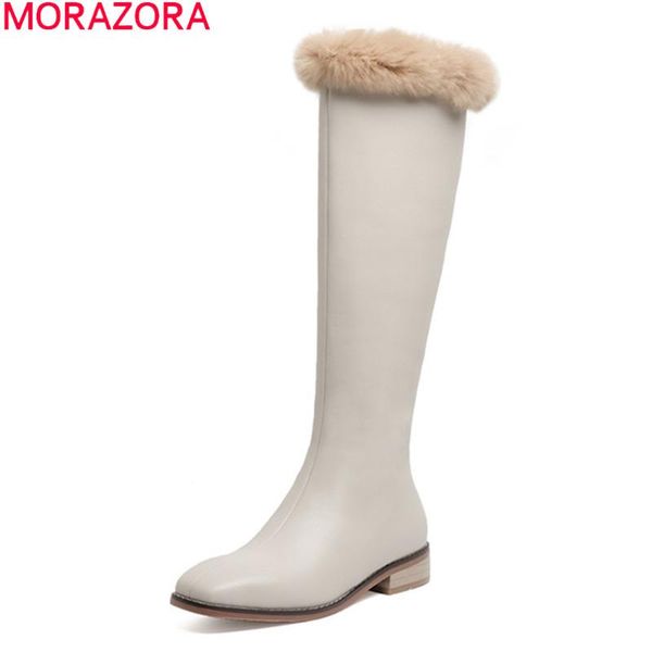 

morazora 2021 new arrival women boots comfortable low heel square toe knee high boots keep warm winter black rice white