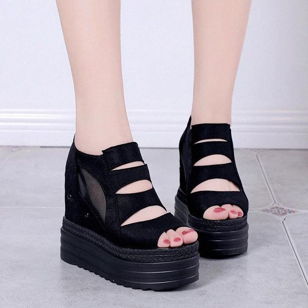 

2019 summer women short boots high heels 12cm wedge platform pu leather mesh peep toe casual ladies ankle boots student shoes #hn6r, Black
