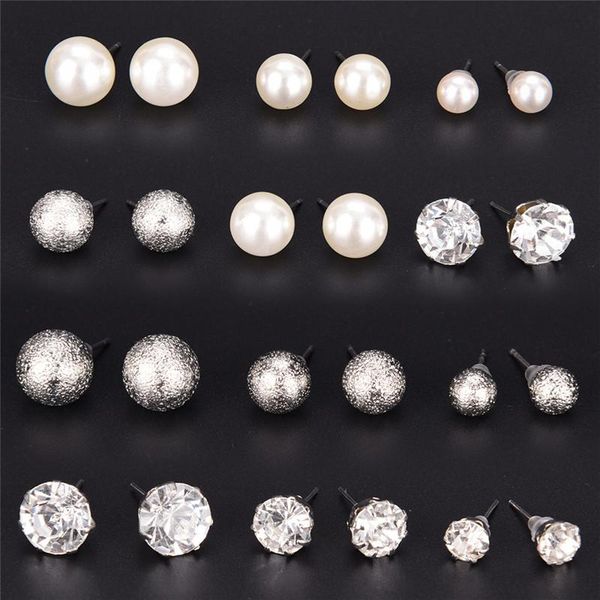 

stud 9 pair vintage rhinestone pearl earrings set fashion ball, Golden;silver