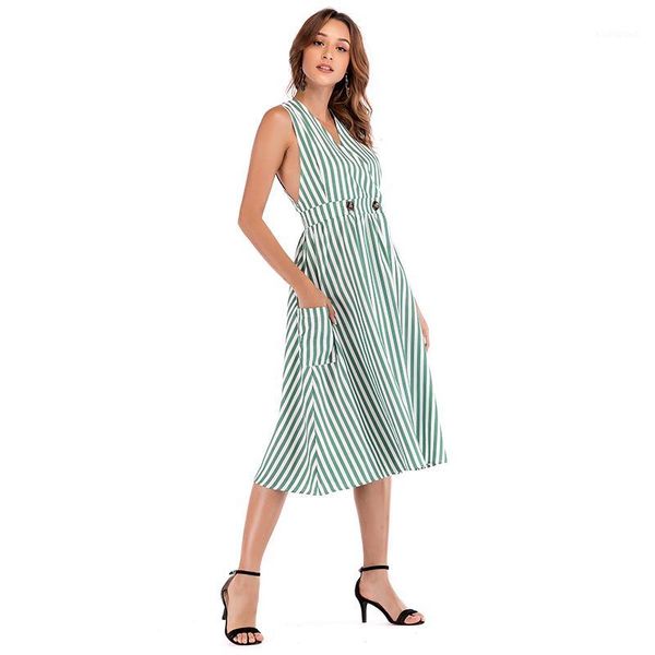 

women summer v-neck elegant maxi striped robe sleeveless vintage ladies pockets dress new fashion female vestidos dresses1, Black;gray