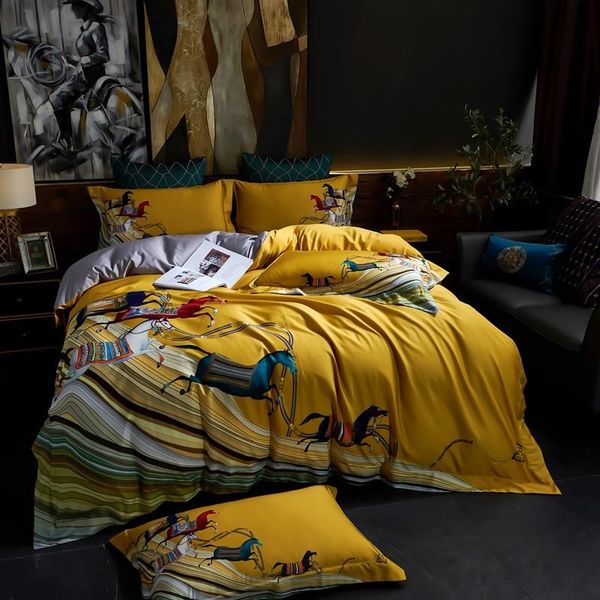 

luxury yellow running horses digital printing100s egyptian cotton duvet cover bed linen fitted sheet pillowcases bedclothes