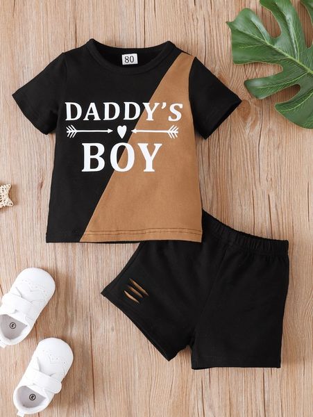 

baby letter graphic two tone tee & ripped shorts she, White
