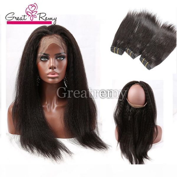 

kinky straight brazilian 3 bundles and 360 lace frontal with baby hair for full head greatremy brazilian human hair with 360 lace frontal, Black;brown