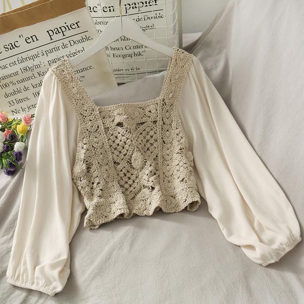 

lace patchwork hollow out women blouse 2021 summer new solid puff sleeved square collar loose lady elegant pulls kg-86, White