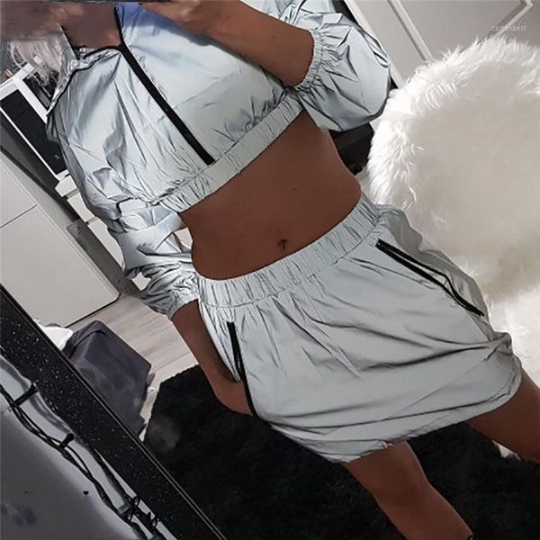 

two piece dress fashion womens 2pcs tracksuit ladies reflective crop short skirts sets clubwear hip streetwear suits1, White