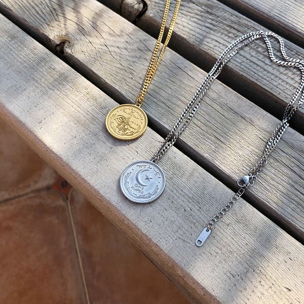 

designer 2021 fashion trend double side relief star moon rupee large coin gold medal round necklace long gold and silver two color options