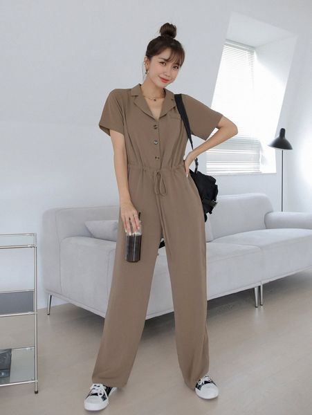 

dazy lapel neck half button drawstring waist jumpsuit 90yg#, White