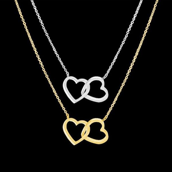 

chains fashion double heart necklaces pendants for women love wedding jewelry bridesmaid gifts stainless steel link chain femme choker, Silver