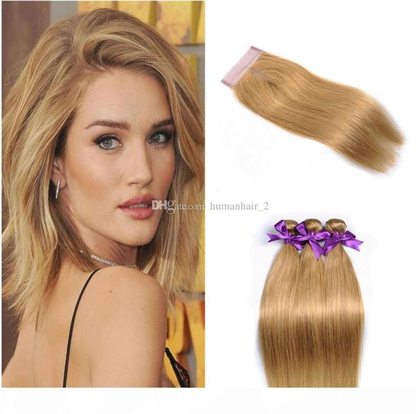 

silk straight human hair bundles with closure honey blonde 27# color for hair salon brazilian virgin human hair 3bundles with closure, Black;brown