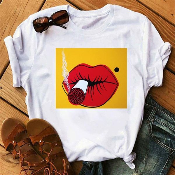 

smoking lip print t shirt women short sleeve o neck loose tshirt women tee shirt female clothes camisetas mujer, White
