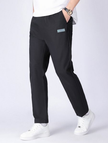 

men slant pocket patch detail pants a4fp#, Black