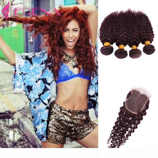 

brazilian virgin hair bundle deals with closure curly hair with closure 1 day delivery 99j bundles wine red burgundy weft weaves 4x4 lace, Black;brown