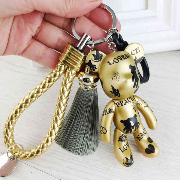 

love peace movable joints bear keychain men leather tassel key chain on bag car trinket women jewelry party, Slivery;golden