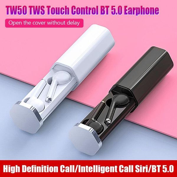 

tw50 wireless bluetooth tws earphone mini cylindric earbuds noise canceling sport headset with charge box for smartphone