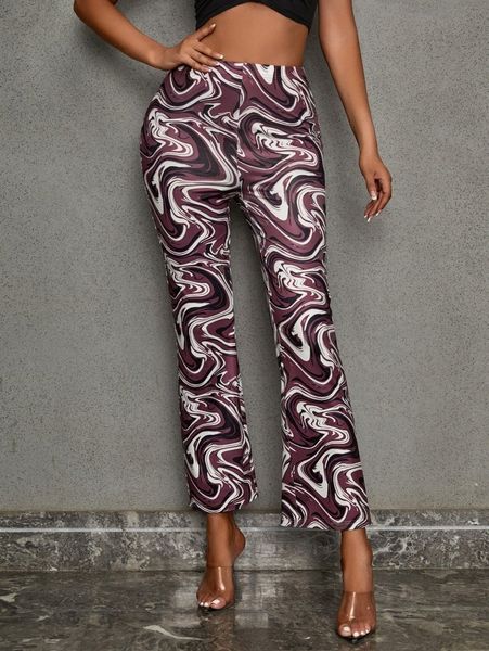 

high waist allover print pants j37b#, Black;white