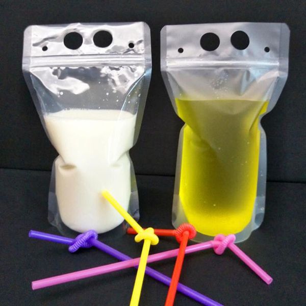 

17oz clear drink pouches bags frosted zipper stand-up plastic drinking bag with straw holder reclosable heat-proof dhc1034
