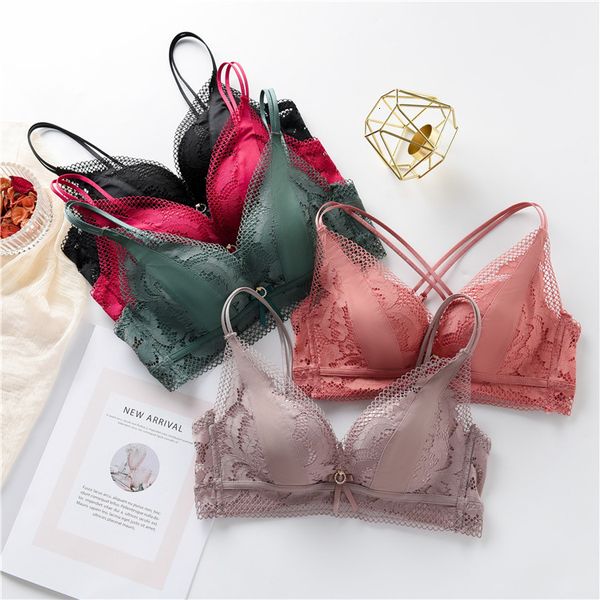 

new french cross back ab cup set gathered lace bra girl underwear, Red;black