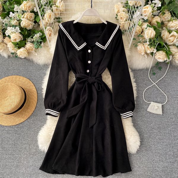 

2021 new female singing college dress-down collar loop above button the line dressed autumn fashion streetwear dress ka0z, Black;gray