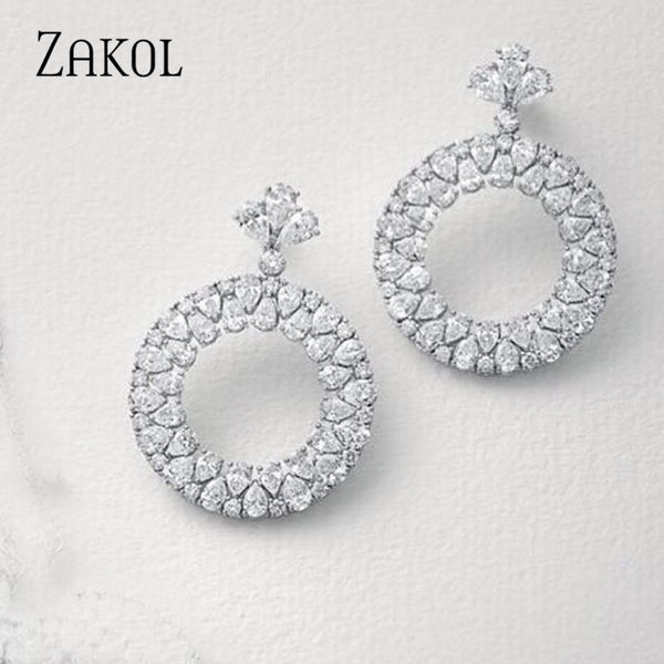 

zakol bohemia big circle drop earrings with cubic zirconia paved for women luxury wedding gift jewelry fsep2074, Silver