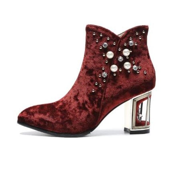 

crystal ladies pearl studs velvet ankle women's strass beautified chunky fretwork cage jumps spring wedding boots imzo, Black