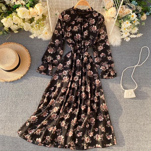 

2021 new -autumn long-sleeve chiffon summer floral ruffled dress casual elastic waistline printed feminine mid-calf dresses fya2, Black;gray